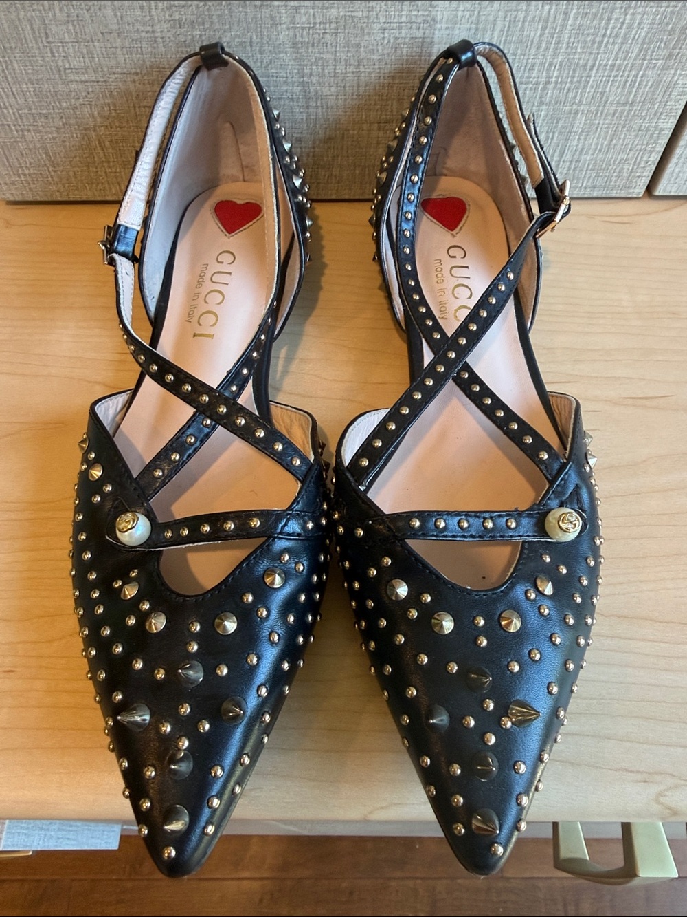 Gucci Black Studded Pointed-Toe Leather Flats with Gold Accents